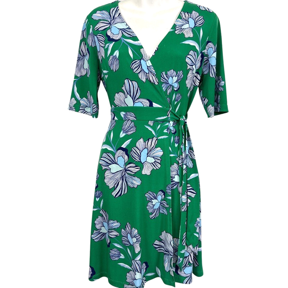 Vince Camuto Green Floral Wrap V-Neck Short Sleeve Stretch Dress Jersey Knit 6